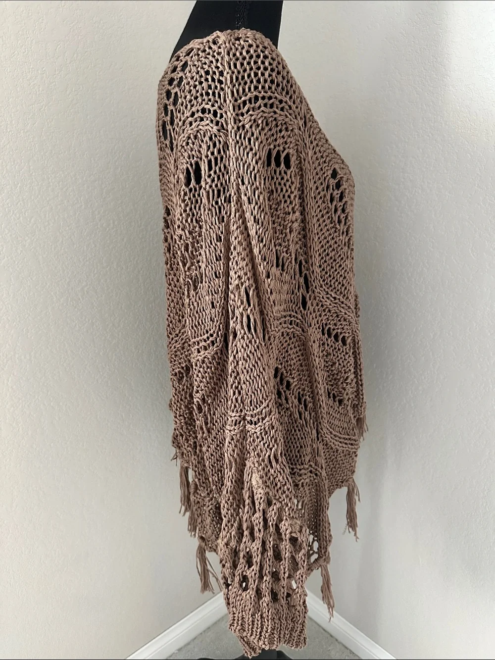 Fringed Open-Knit Poncho Shrug in Taupe